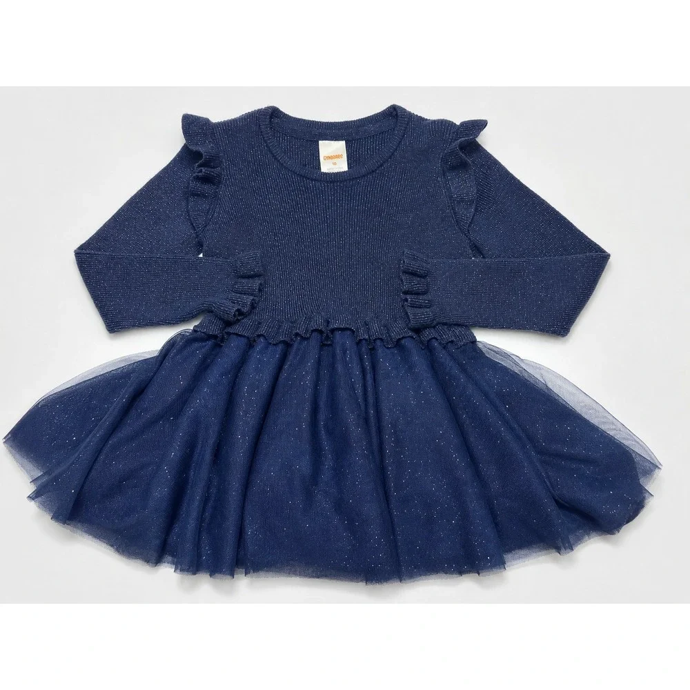 Gymboree Girls 3T Navy Glitter Knit Tutu Dress Ruffle Sleeve Holiday Christmas